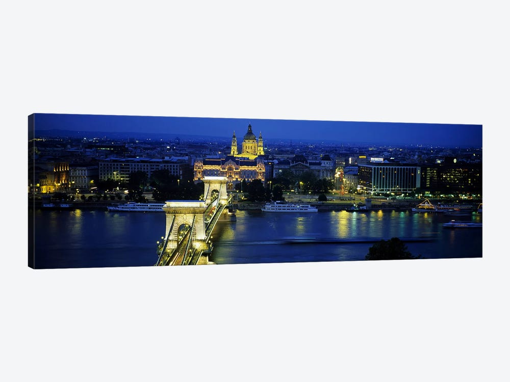 High angle view of a suspension bridge lit up at dusk, Chain Bridge, Danube River, Budapest, Hungary by Panoramic Images 1-piece Canvas Wall Art