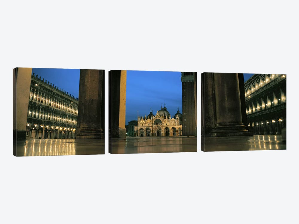 Cathedral lit up at dusk, St. Mark's Cathedral, St. Mark's Square, Venice, Veneto, Italy by Panoramic Images 3-piece Canvas Art Print