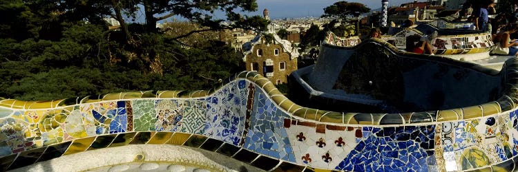 Antoni Gaudi's Mosaic On The Back Of The Terrace's Serpentine Bench, Parc Guell, Barcelona, Catalonia, Spain