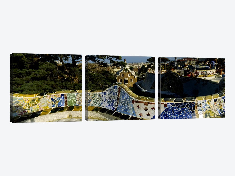 Antoni Gaudi's Mosaic On The Back Of The Terrace's Serpentine Bench, Parc Guell, Barcelona, Catalonia, Spain by Panoramic Images 3-piece Canvas Wall Art