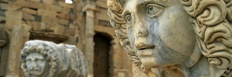 Close-up of statues in an old ruined building, Leptis Magna, Libya