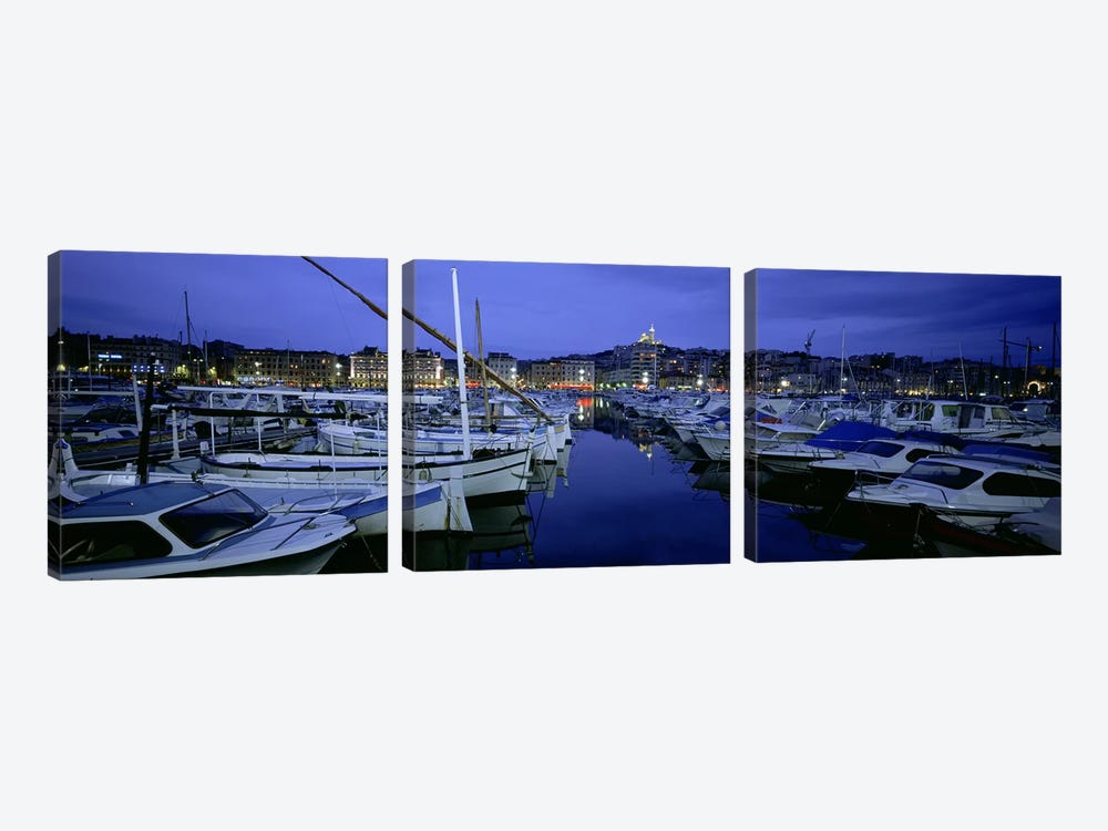 Docked Boats At Night, Old Port, Marseille, Provence-Alpes-Cote d'Azur, France by Panoramic Images 3-piece Canvas Art Print