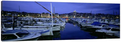 Docked Boats At Night, Old Port, Marseille, Provence-Alpes-Cote d'Azur, France Canvas Art Print - Nautical Art