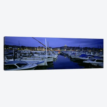 Docked Boats At Night, Old Port, Marseille, Provence-Alpes-Cote d'Azur, France Canvas Print #PIM5556} by Panoramic Images Canvas Print
