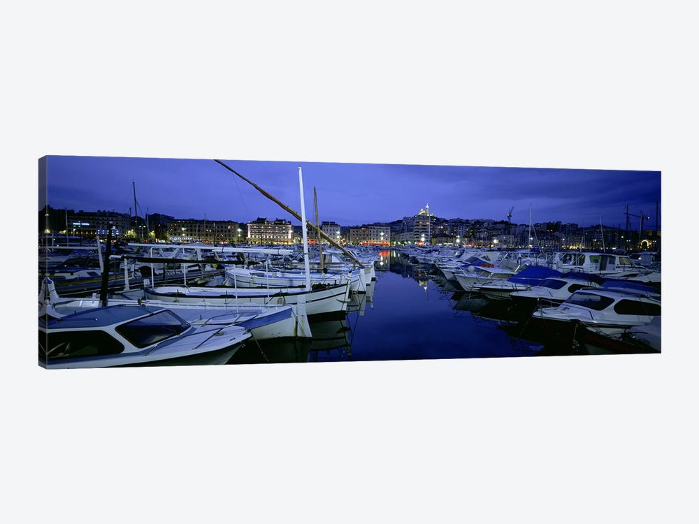 Docked Boats At Night, Old Port, Marseille, Provence-Alpes-Cote d'Azur, France by Panoramic Images 1-piece Canvas Art Print