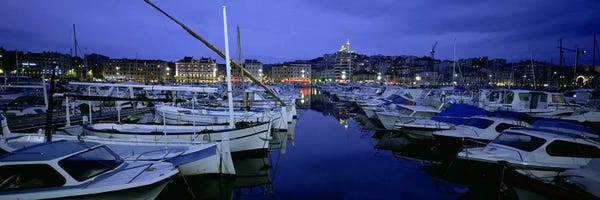 Provence-Alpes-Côte d'Azur: Docked Boats At Night, Old Port, Marseille, Provence-Alpes-Cote d'Azur, France by Panoramic Images