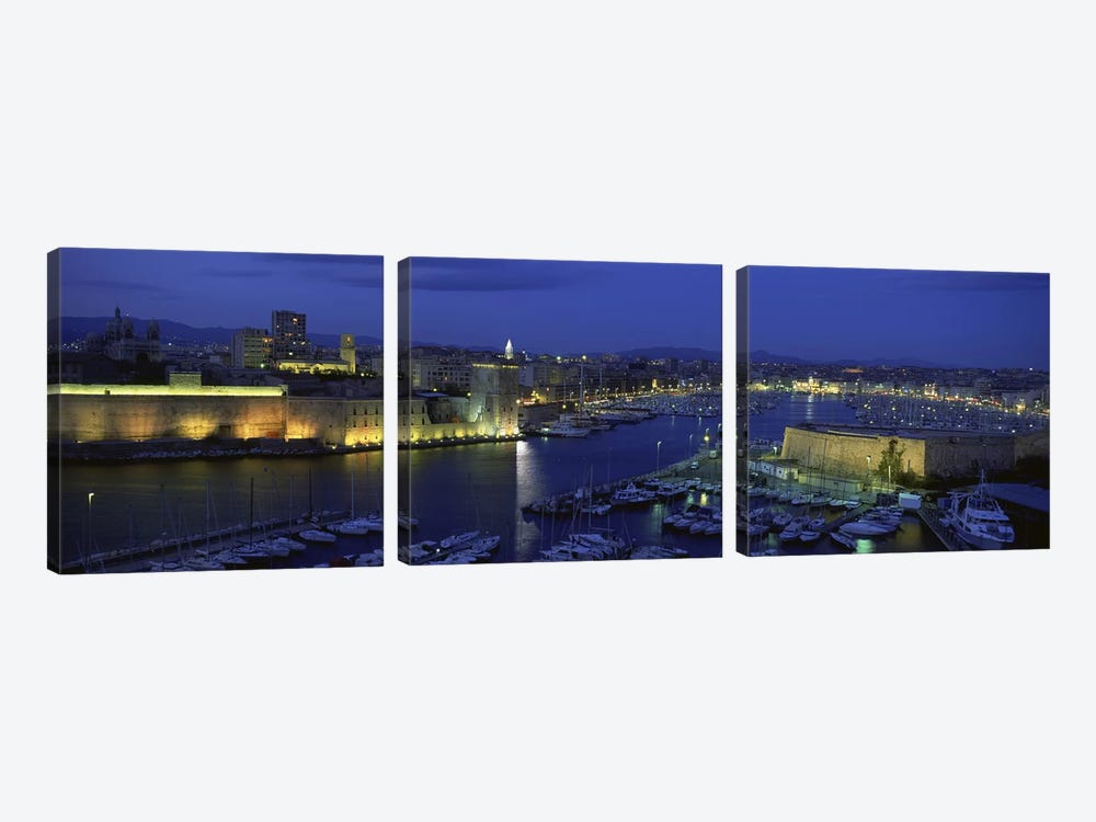 Old Port At Night, Marseille, Provence-Alpes-Cote d'Azur, France by Panoramic Images 3-piece Canvas Wall Art