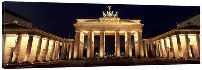 Low angle view of a gate lit up at night, Brandenburg Gate, Berlin, Germany Canvas Art Print - Monument Art