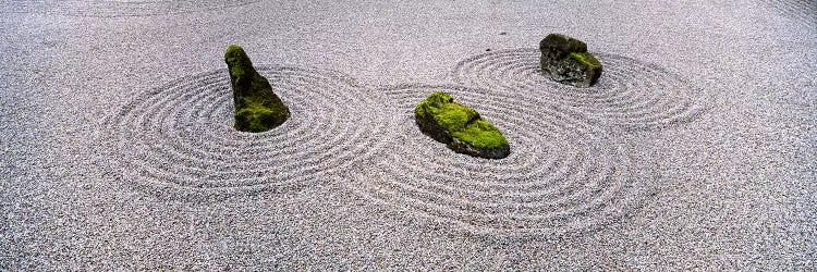 High angle view of moss on three stones in a Zen garden, Washington Park, Portland, Oregon, USA