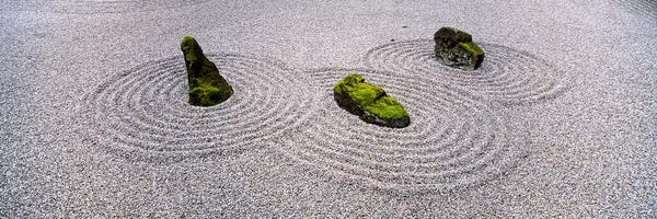 Oregon: High angle view of moss on three stones in a Zen garden, Washington Park, Portland, Oregon, USA by Panoramic Images