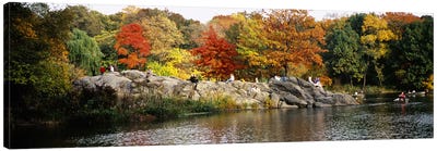 Group of people sitting on rocks, Central Park, Manhattan, New York City, New York, USA Canvas Art Print - Pond Art