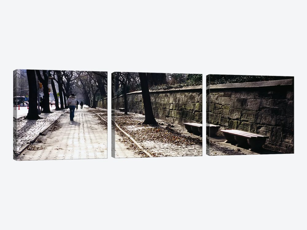 Rear view of a woman walking on a walkway, Central Park, Manhattan, New York City, New York, USA by Panoramic Images 3-piece Canvas Artwork