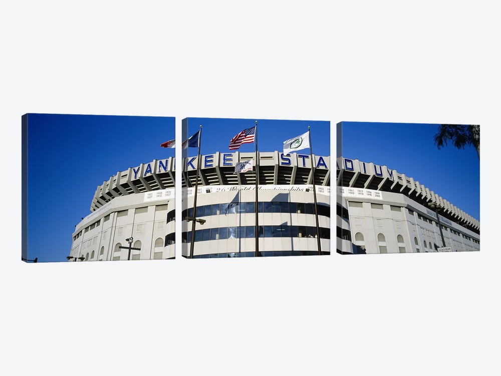 Flags in front of a stadium, Yankee Stadium, New York City, New York, USA by Panoramic Images 3-piece Canvas Artwork
