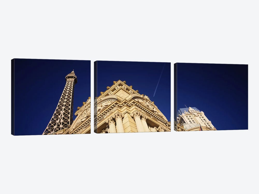Low angle view of a building in front of a replica of the Eiffel Tower, Paris Hotel, Las Vegas, Nevada, USA by Panoramic Images 3-piece Canvas Artwork