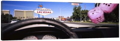 Welcome sign board at a road side viewed from a car, Las Vegas, Nevada, USA Canvas Art Print - Panoramic Cityscapes