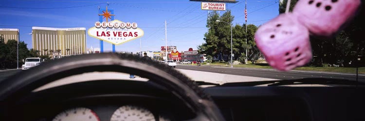 Welcome sign board at a road side viewed from a car, Las Vegas, Nevada, USA