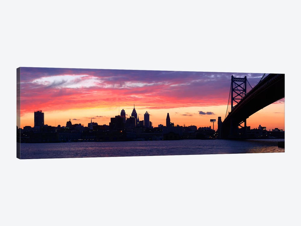 Silhouette of a suspension bridge across a river, Ben Franklin Bridge, Delaware River, Philadelphia, Pennsylvania, USA by Panoramic Images 1-piece Canvas Print
