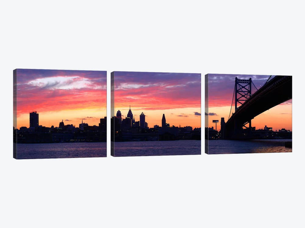 Silhouette of a suspension bridge across a river, Ben Franklin Bridge, Delaware River, Philadelphia, Pennsylvania, USA by Panoramic Images 3-piece Canvas Art Print