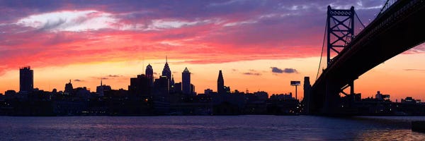 Pennsylvania: Silhouette of a suspension bridge across a river, Ben Franklin Bridge, Delaware River, Philadelphia, Pennsylvania, USA by Panoramic Images