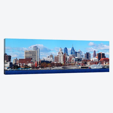 Panoramic view of a city at the waterfront, Delaware River, Philadelphia, Pennsylvania, USA Canvas Print #PIM5619} by Panoramic Images Art Print