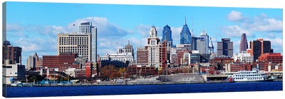 Panoramic view of a city at the waterfront, Delaware River, Philadelphia, Pennsylvania, USA Canvas Art Print - Philadelphia Skylines