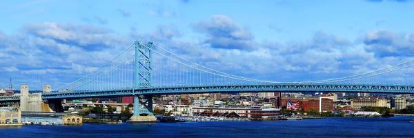 Pennsylvania: Suspension bridge across a river, Ben Franklin Bridge, Delaware River, Philadelphia, Pennsylvania, USA by Panoramic Images