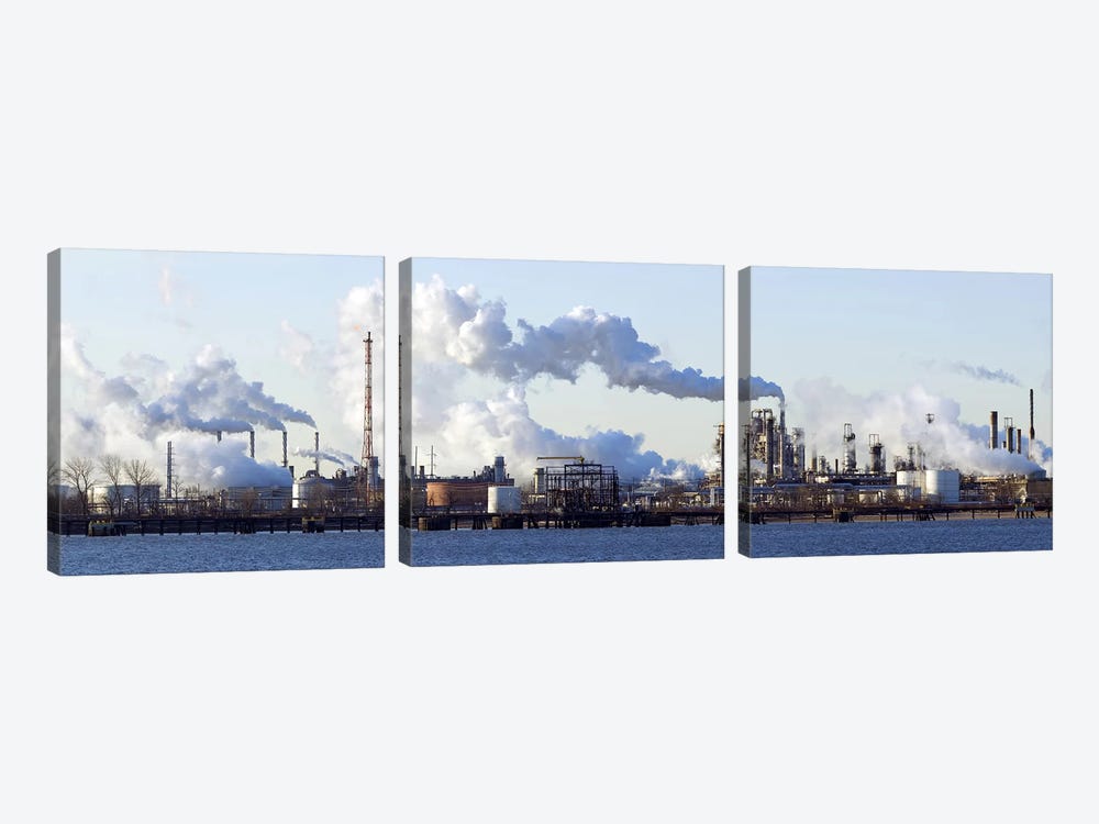 Smoke Emanating From A Waterfront Oil Refinery On The Delaware River Near New Jersey by Panoramic Images 3-piece Canvas Art Print