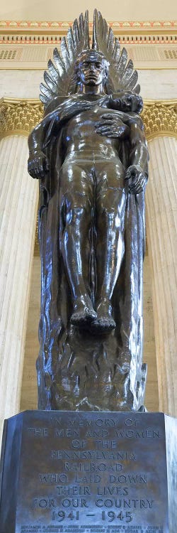 Low angle view of a war memorial statue at a railroad station, 30th Street Station, Philadelphia, Pennsylvania, USA