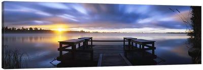 Panoramic view of a pier at dusk, Vuoksi River, Imatra, Finland Canvas Art Print - Nature Panoramics
