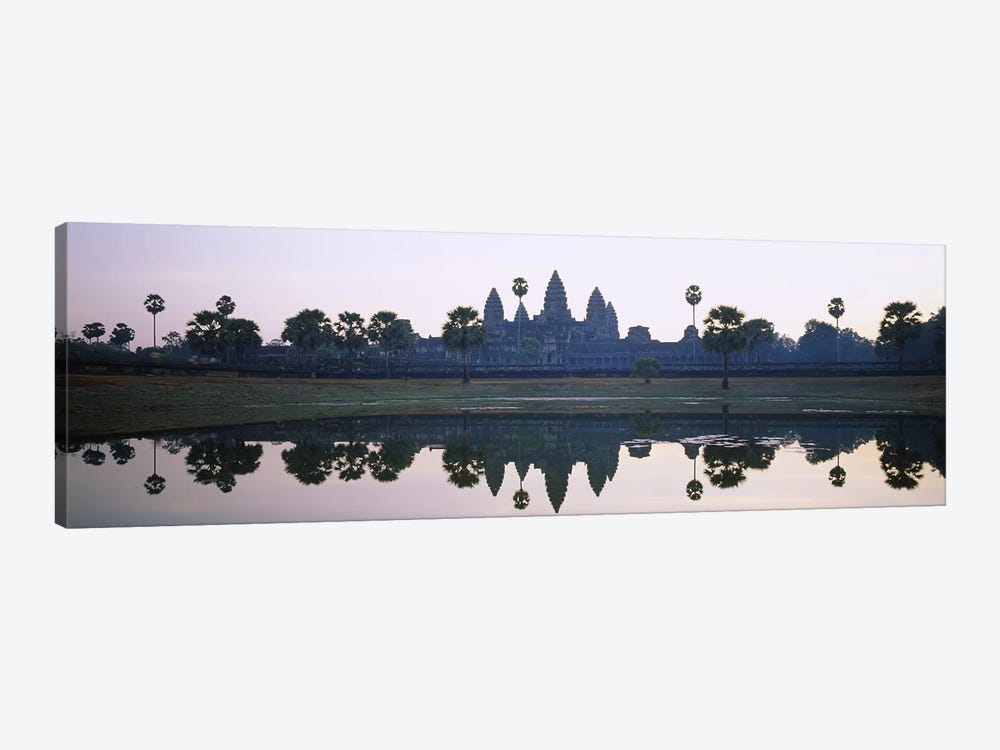 Reflection of temples and palm trees in a lake, Angkor Wat, Cambodia by Panoramic Images 1-piece Canvas Artwork