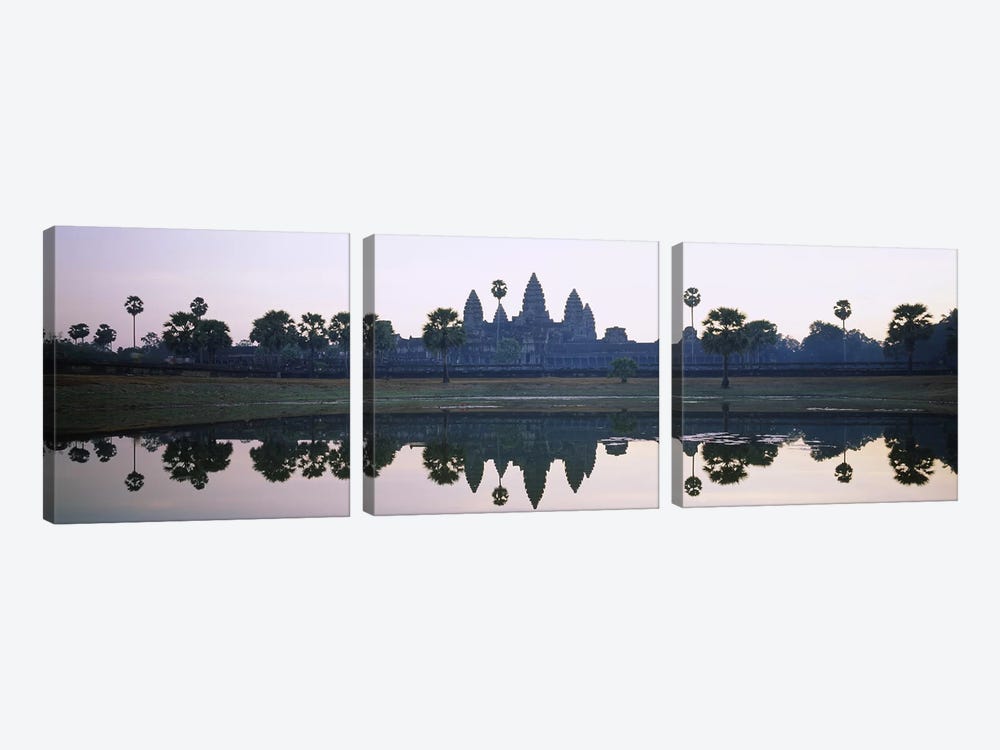 Reflection of temples and palm trees in a lake, Angkor Wat, Cambodia by Panoramic Images 3-piece Canvas Artwork