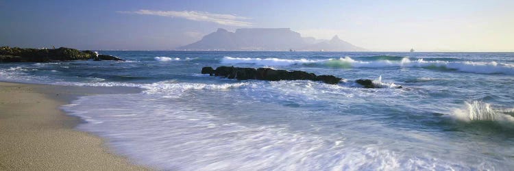 Waves On A Beach With A Distant View Of Table Mountain, Cape Town, Western Cape, South Africa