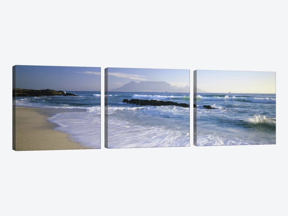 Waves On A Beach With A Distant View Of Table Mountain, Cape Town, Western Cape, South Africa by Panoramic Images 3-piece Art Print