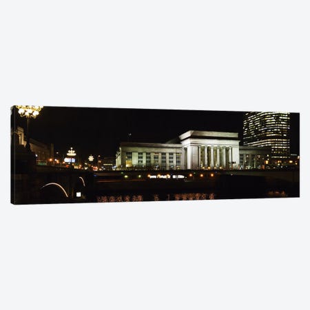 Buildings lit up at night at a railroad station, 30th Street Station, Schuylkill River, Philadelphia, Pennsylvania, USA Canvas Print #PIM5694} by Panoramic Images Canvas Artwork