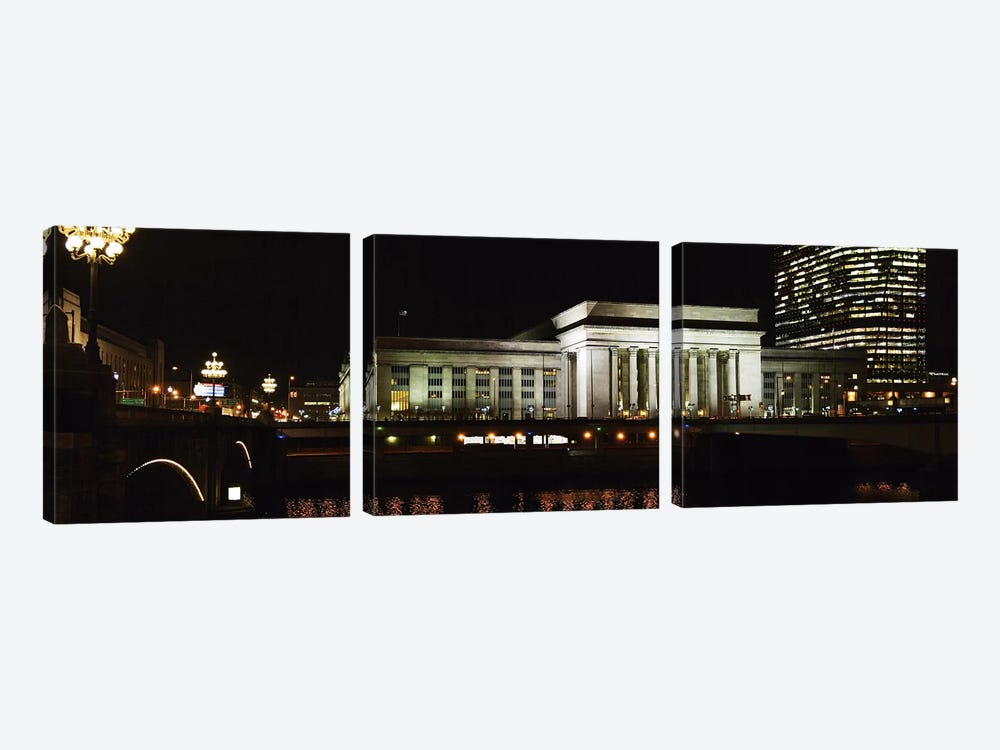 Buildings lit up at night at a railroad station, 30th Street Station, Schuylkill River, Philadelphia, Pennsylvania, USA by Panoramic Images 3-piece Art Print