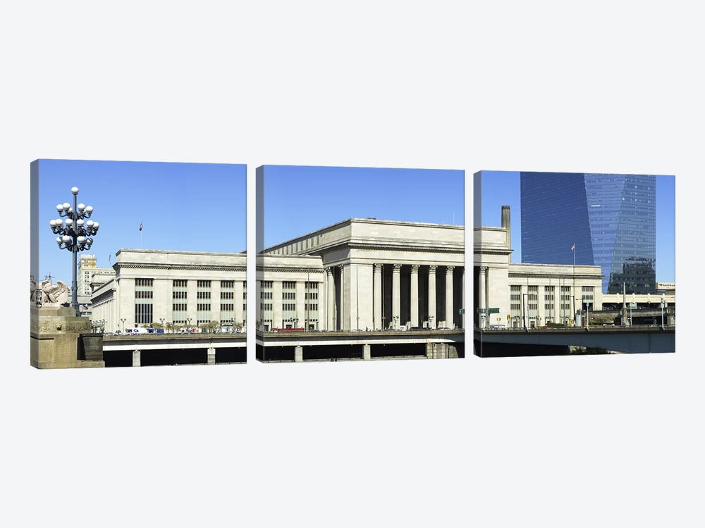 Facade of a building at a railroad station, 30th Street Station, Schuylkill River, Philadelphia, Pennsylvania, USA by Panoramic Images 3-piece Canvas Artwork