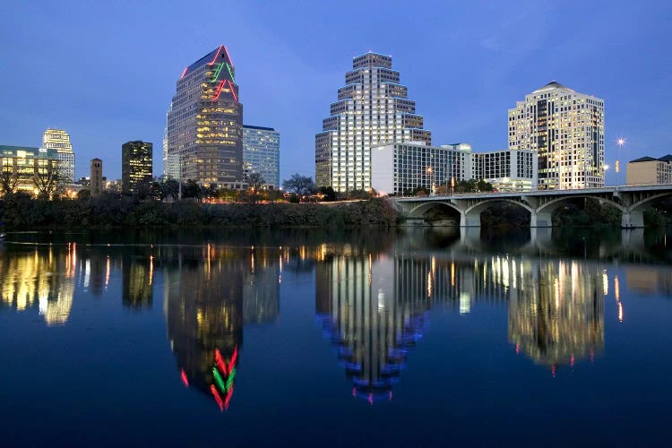 Reflection of buildings in water, Town Lake, Austin, Texas, USA