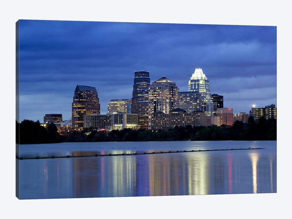 Buildings at the waterfront lit up at dusk, Town Lake, Austin, Texas, USA by Panoramic Images 1-piece Canvas Print
