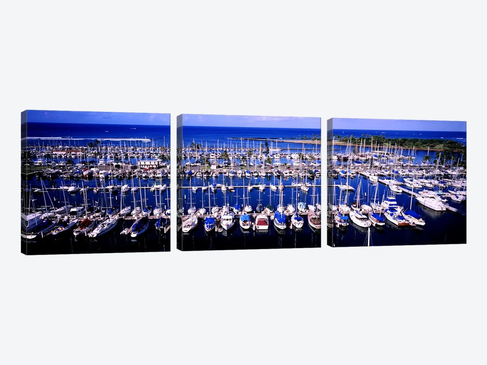 High angle view of boats in a row, Ala Wai, Honolulu, Hawaii, USA by Panoramic Images 3-piece Art Print
