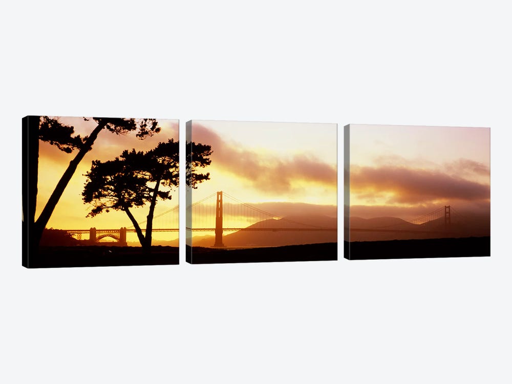 Silhouette of trees at sunset, Golden Gate Bridge, San Francisco, California, USA by Panoramic Images 3-piece Canvas Artwork