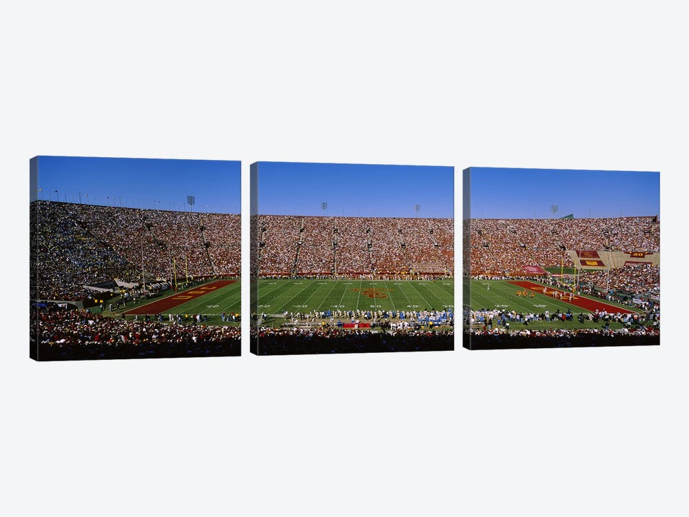 High angle view of a football stadium full of spectators, Los Angeles Memorial Coliseum, City of Los Angeles, California, USA by Panoramic Images 3-piece Canvas Print