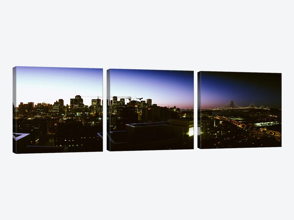 Buildings lit up at dusk, San Francisco, California, USA by Panoramic Images 3-piece Canvas Art Print