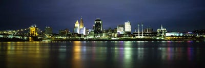 Buildings at the waterfront, lit up at nightOhio River, Cincinnati, Ohio, USA by Panoramic Images framed canvas print