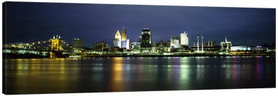 Buildings at the waterfront, lit up at nightOhio River, Cincinnati, Ohio, USA Canvas Art Print - Ohio Art