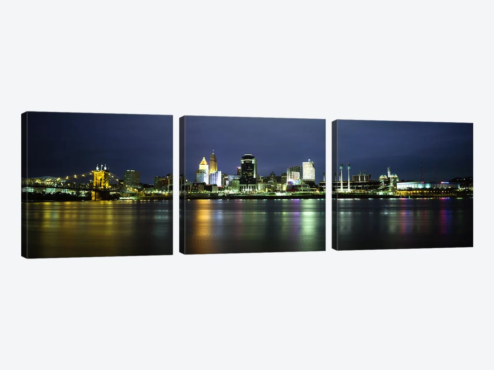 Buildings at the waterfront, lit up at nightOhio River, Cincinnati, Ohio, USA by Panoramic Images 3-piece Canvas Art Print
