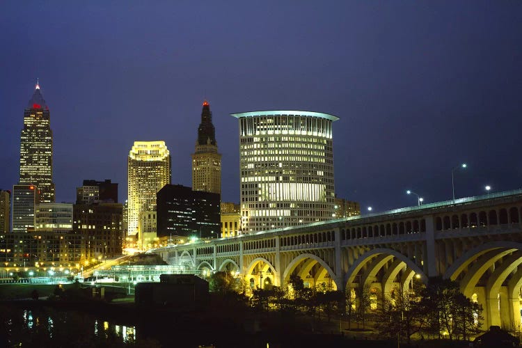 Bridge in a city lit up at night, Detroit Avenue Bridge, Cleveland, Ohio, USA