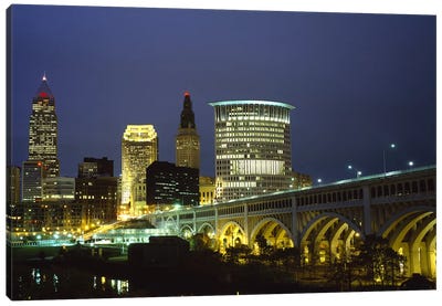Bridge in a city lit up at night, Detroit Avenue Bridge, Cleveland, Ohio, USA Canvas Art Print - Cleveland