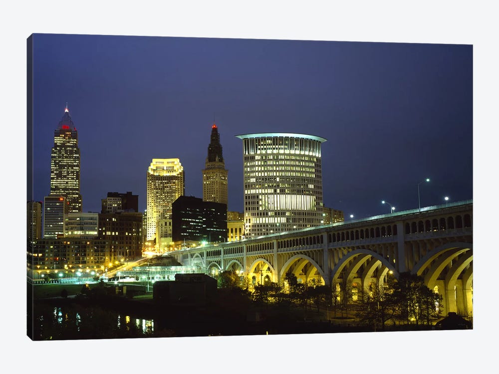 Bridge in a city lit up at night, Detroit Avenue Bridge, Cleveland, Ohio, USA by Panoramic Images 1-piece Canvas Wall Art