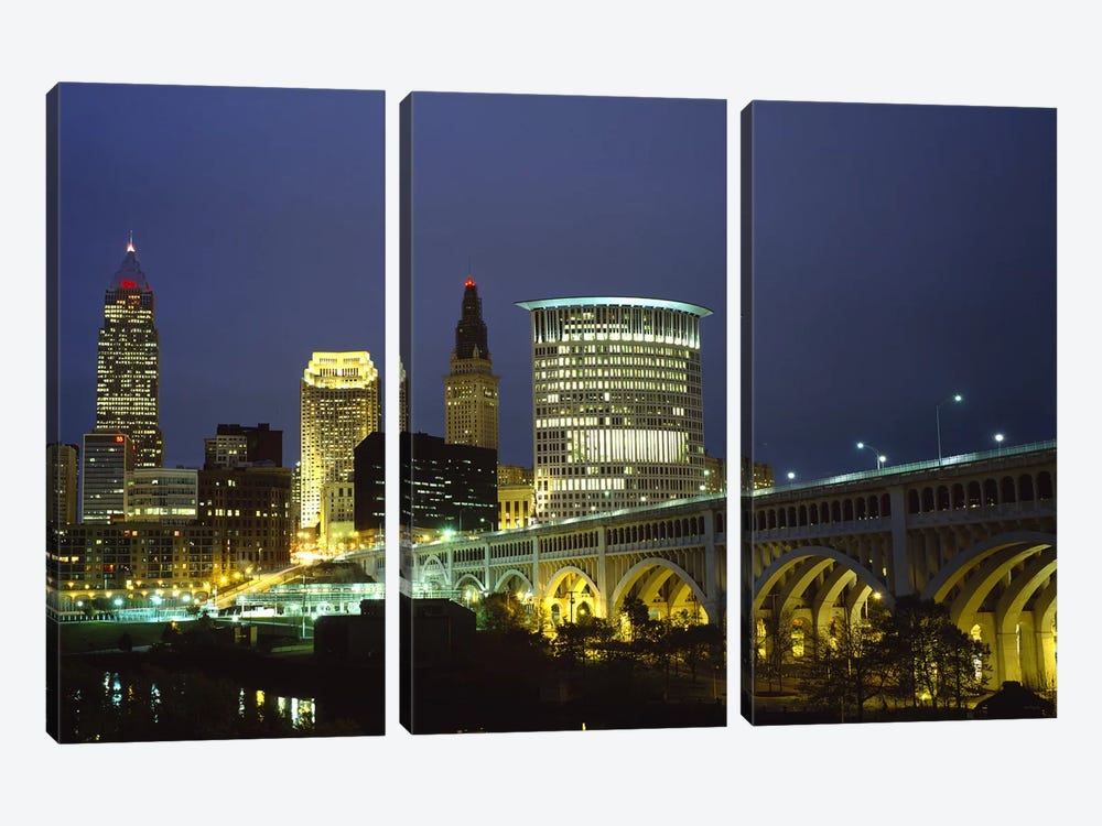 Bridge in a city lit up at night, Detroit Avenue Bridge, Cleveland, Ohio, USA by Panoramic Images 3-piece Canvas Art