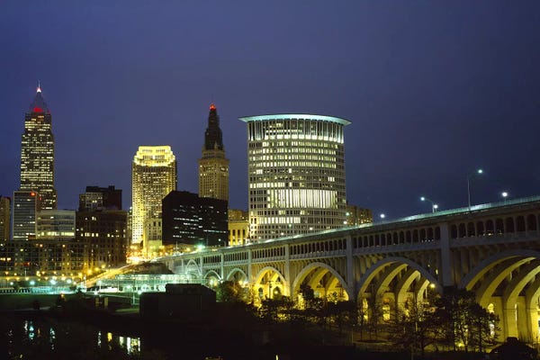 Ohio: Bridge in a city lit up at night, Detroit Avenue Bridge, Cleveland, Ohio, USA by Panoramic Images